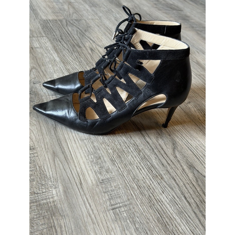 Jimmy Choo Black Leather Lace-Up Cut-Out Pointed Toe kitten Heels EU 36.5